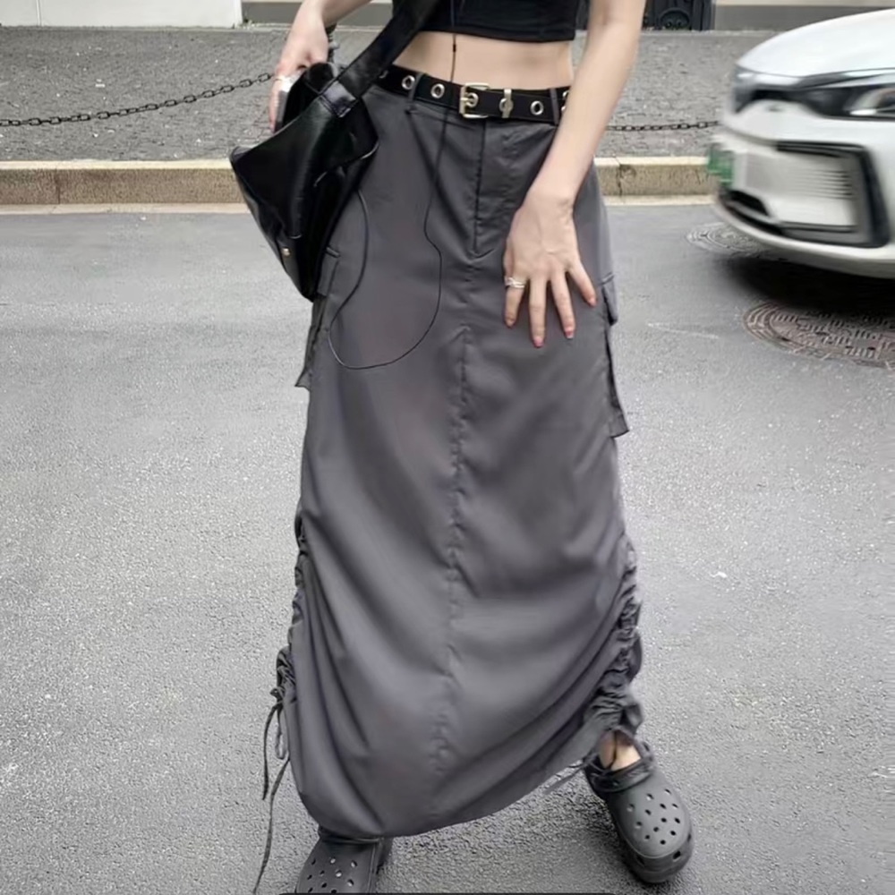 Women Cargo Midi Skirt Gray Medium M Slit Back Pocket Cargo Drawstring Slit